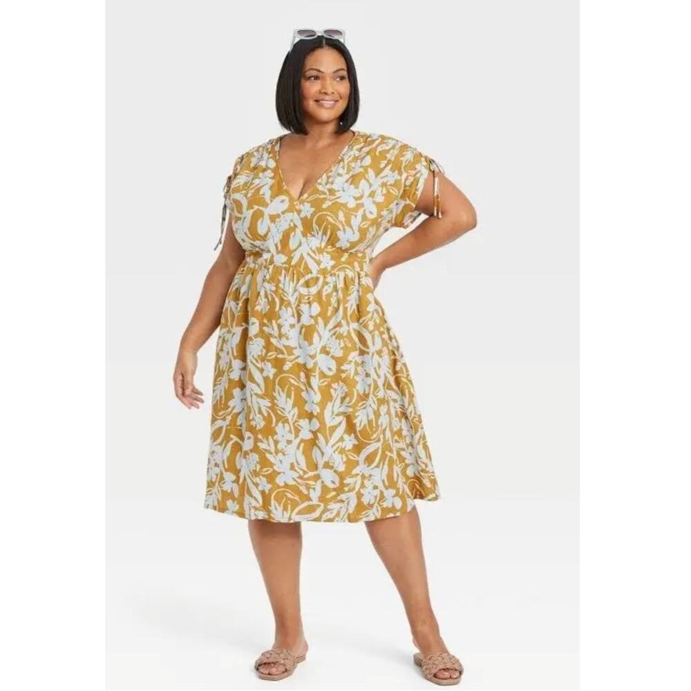 Ava & Viv Gold Floral Cotton A-Line Dress Size XL V-Neck Ruched Sleeve Boho